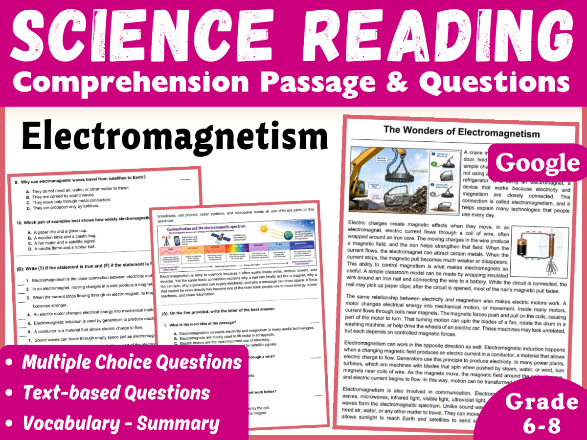 An educational teaching resource from CORED Education - Middle & High School entitled Physical Science Reading Comprehension Passage Electromagnetism (Docs) downloadable at Teach Simple.