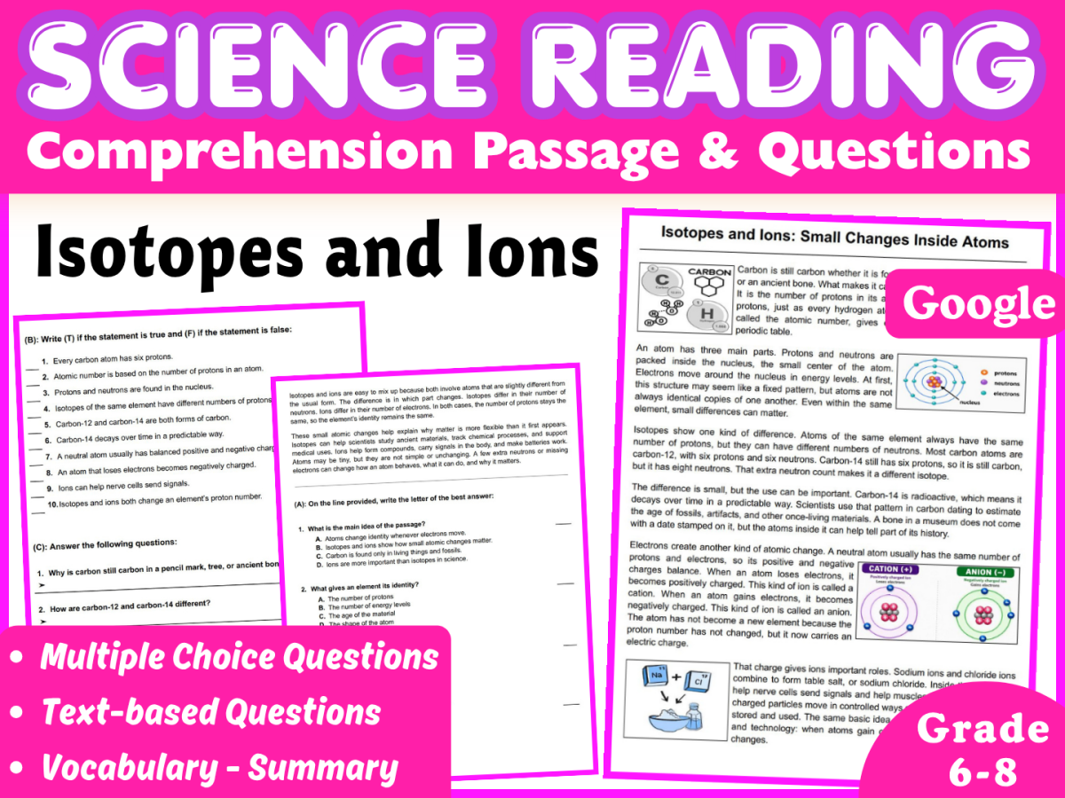 An educational teaching resource from Middle & High School - CORED Education entitled Physical Science Reading Comprehension Passage: Isotopes & Ions (Doc) downloadable at Teach Simple.