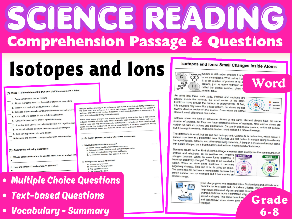 An educational teaching resource from Middle & High School - CORED Education entitled Physical Science Reading Comprehension Passage: Isotopes & Ions (Word) downloadable at Teach Simple.