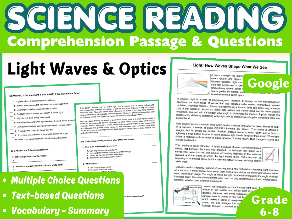 An educational teaching resource from Middle & High School - CORED Education entitled Physical Science Reading Comprehension Passage: Light & Optics (Doc) downloadable at Teach Simple.