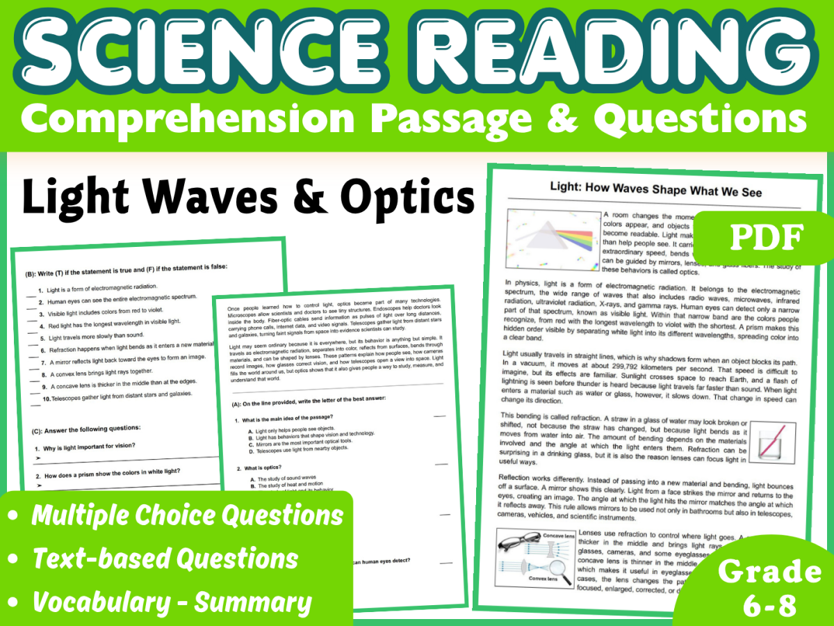 An educational teaching resource from Middle & High School - CORED Education entitled Physical Science Reading Comprehension Passage: Light & Optics (PDF) downloadable at Teach Simple.