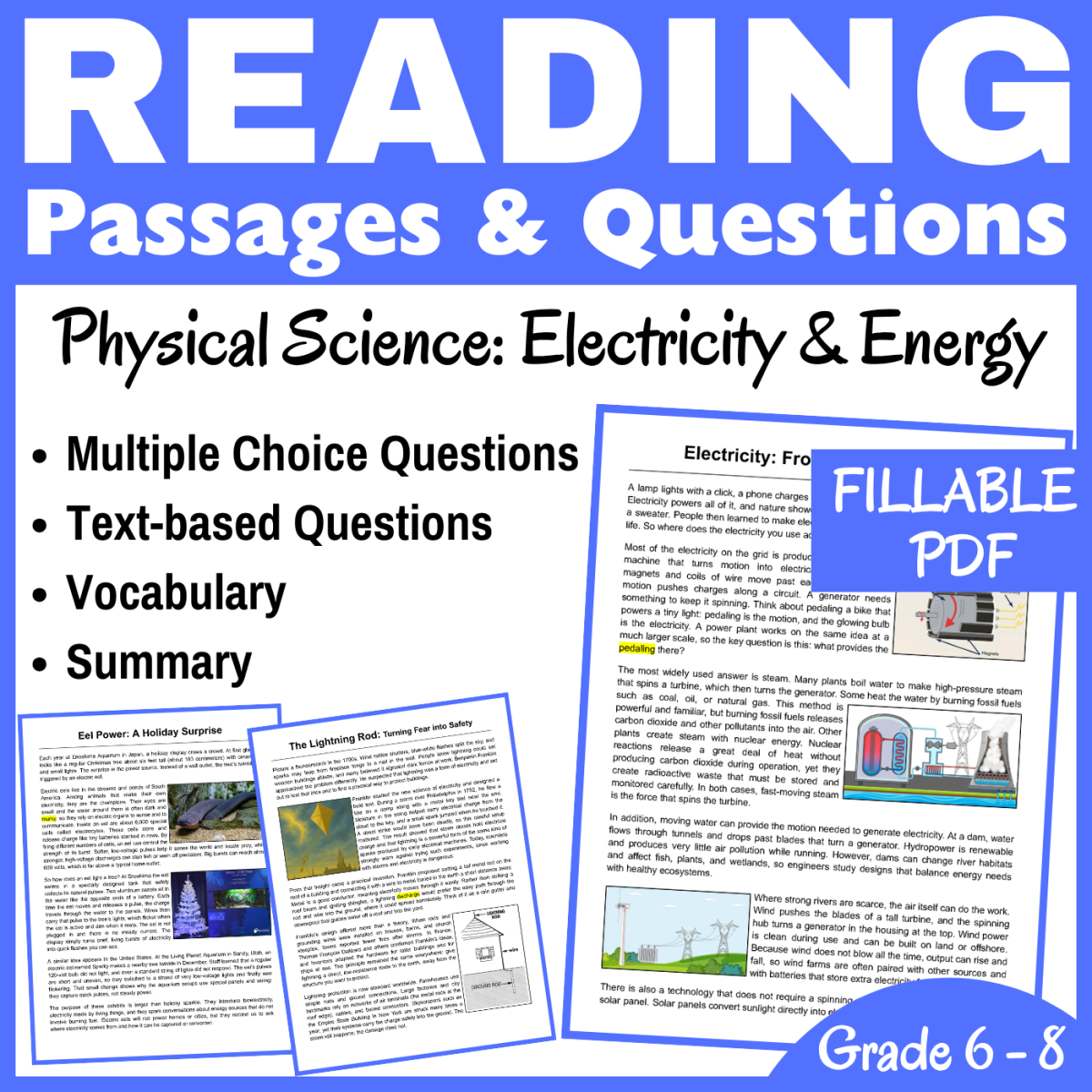 An educational teaching resource from CORED Education - Middle & High School entitled Physical Science Reading Passages: Electricity & Energy (FILLABLE PDF) downloadable at Teach Simple.