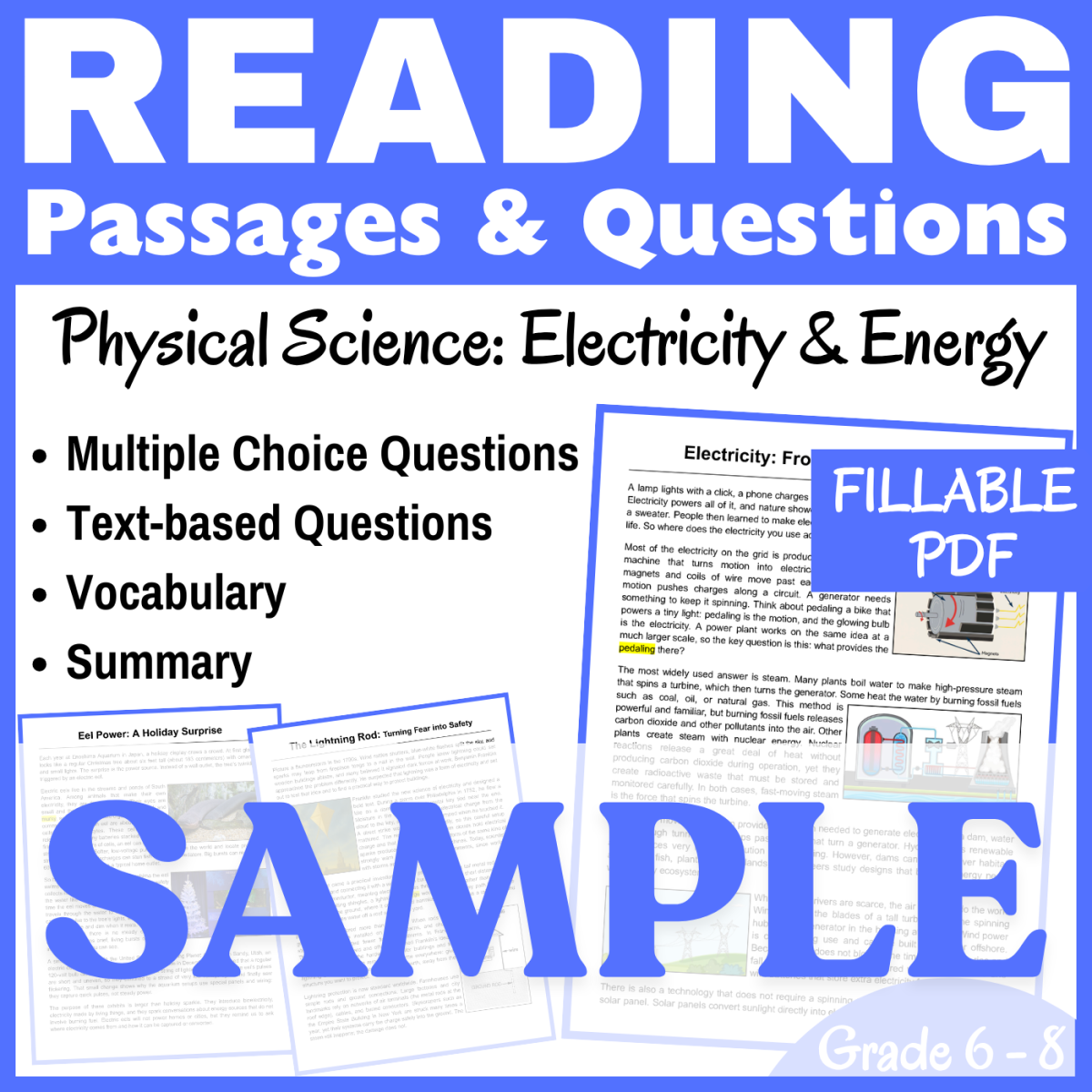 An educational teaching resource from CORED Education - Middle & High School entitled Physical Science SAMPLE Reading Passage: Electricity (FILLABLE PDF) downloadable at Teach Simple.