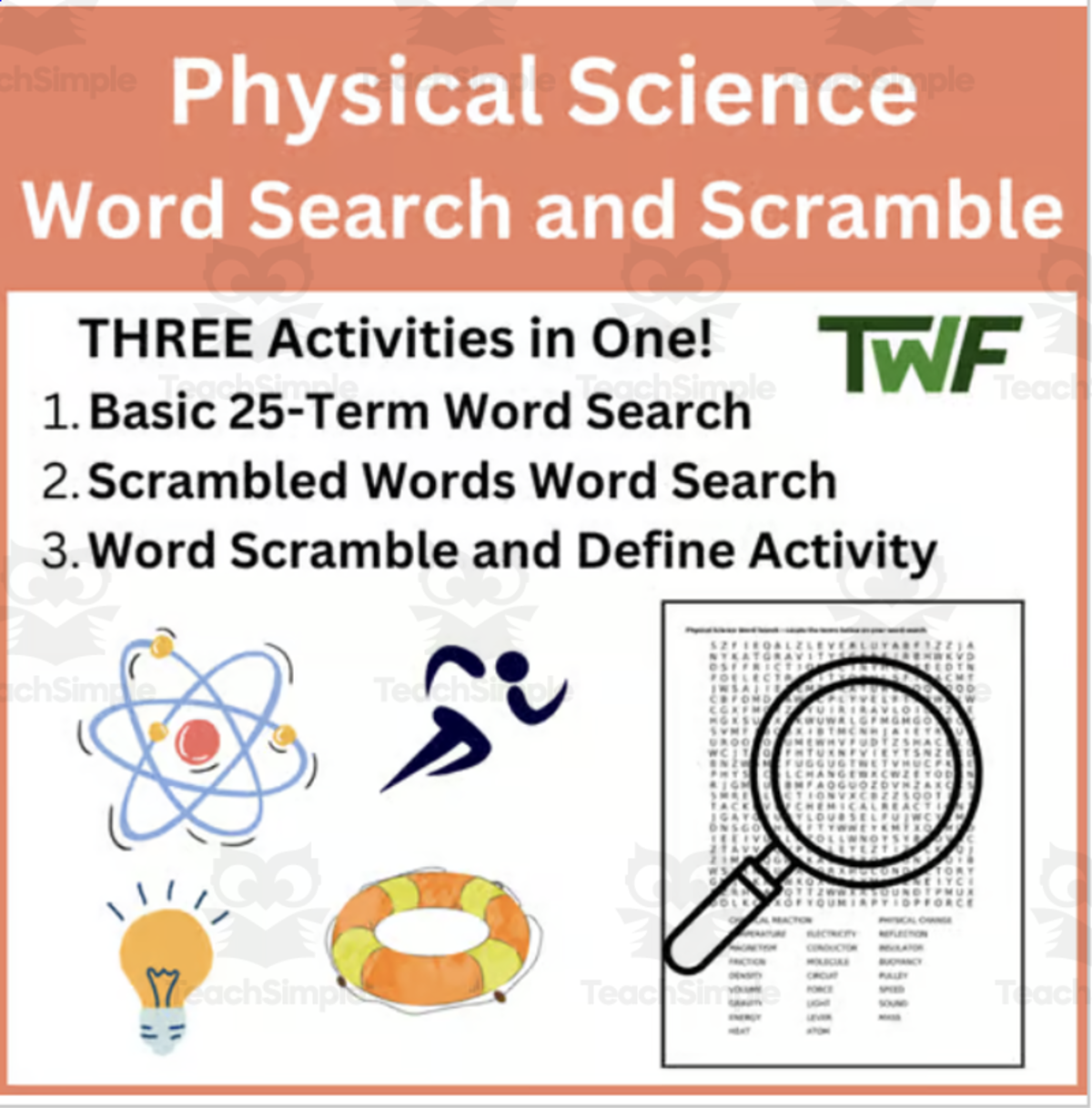 An educational teaching resource from Teach With Fergy entitled Physical Science Word Search and Scramble Activity downloadable at Teach Simple.