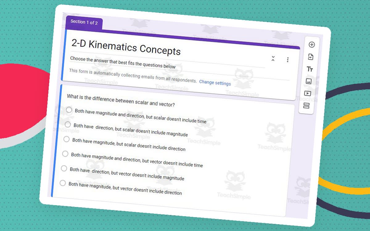 An educational teaching resource from Schrim's Chem entitled Physics: 2-D Kinematics Test on Google Form downloadable at Teach Simple.