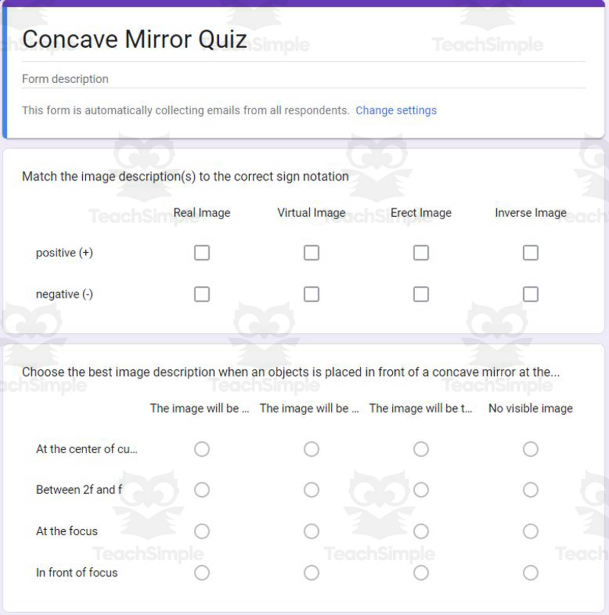 An educational teaching resource from Schrim's Chem entitled Physics Google Form Test: Concave Mirror downloadable at Teach Simple.
