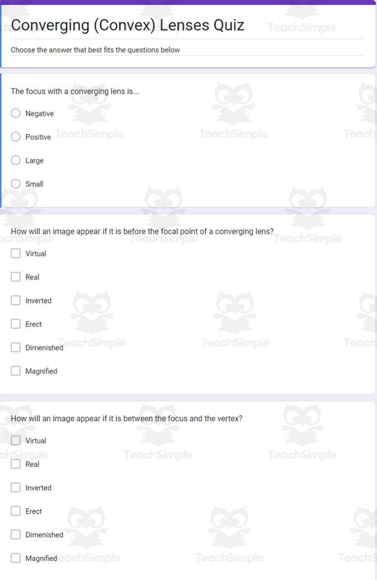 An educational teaching resource from Schrim's Chem entitled Physics Google Form Test: Converging (Convex) Lenses downloadable at Teach Simple.