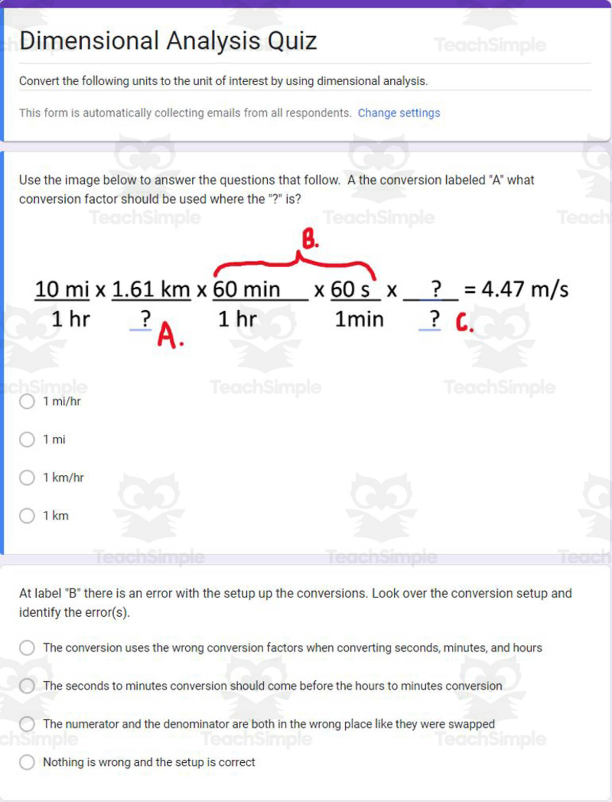 An educational teaching resource from Schrim's Chem entitled Physics Google Form Test: Dimensional Analysis downloadable at Teach Simple.