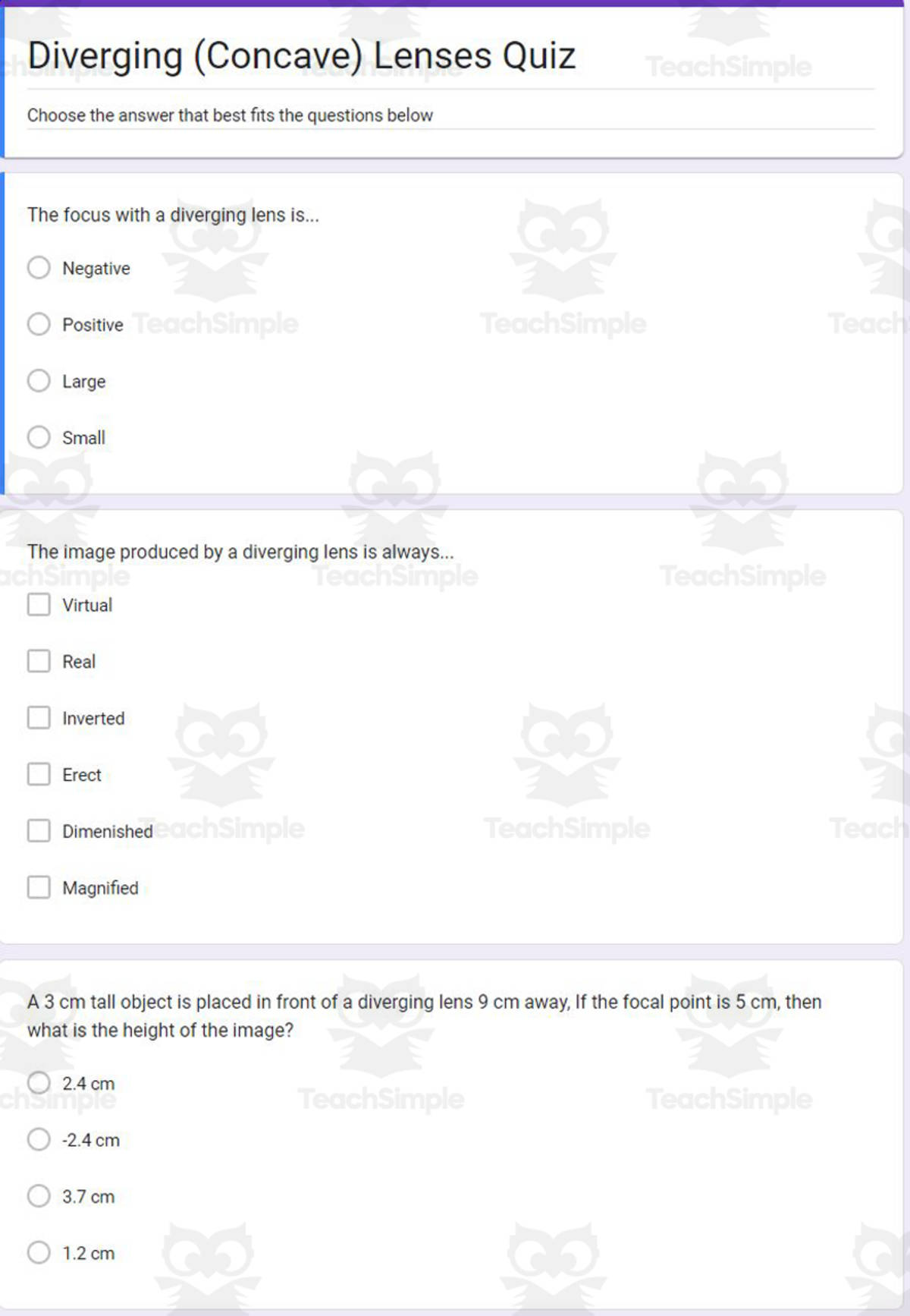 An educational teaching resource from Schrim's Chem entitled Physics Google Form Test: Diverging (Concave) Lenses downloadable at Teach Simple.