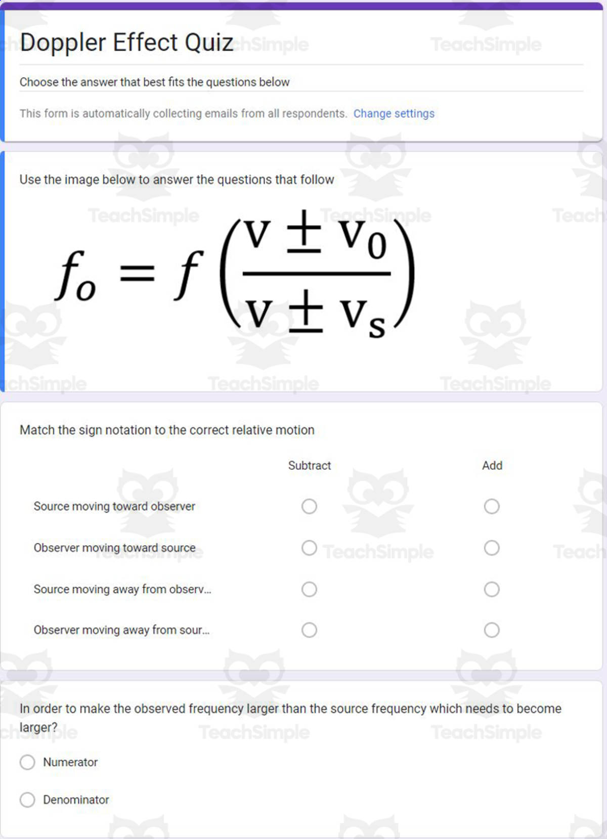 An educational teaching resource from Schrim's Chem entitled Physics Google Form Test: Doppler Effect downloadable at Teach Simple.