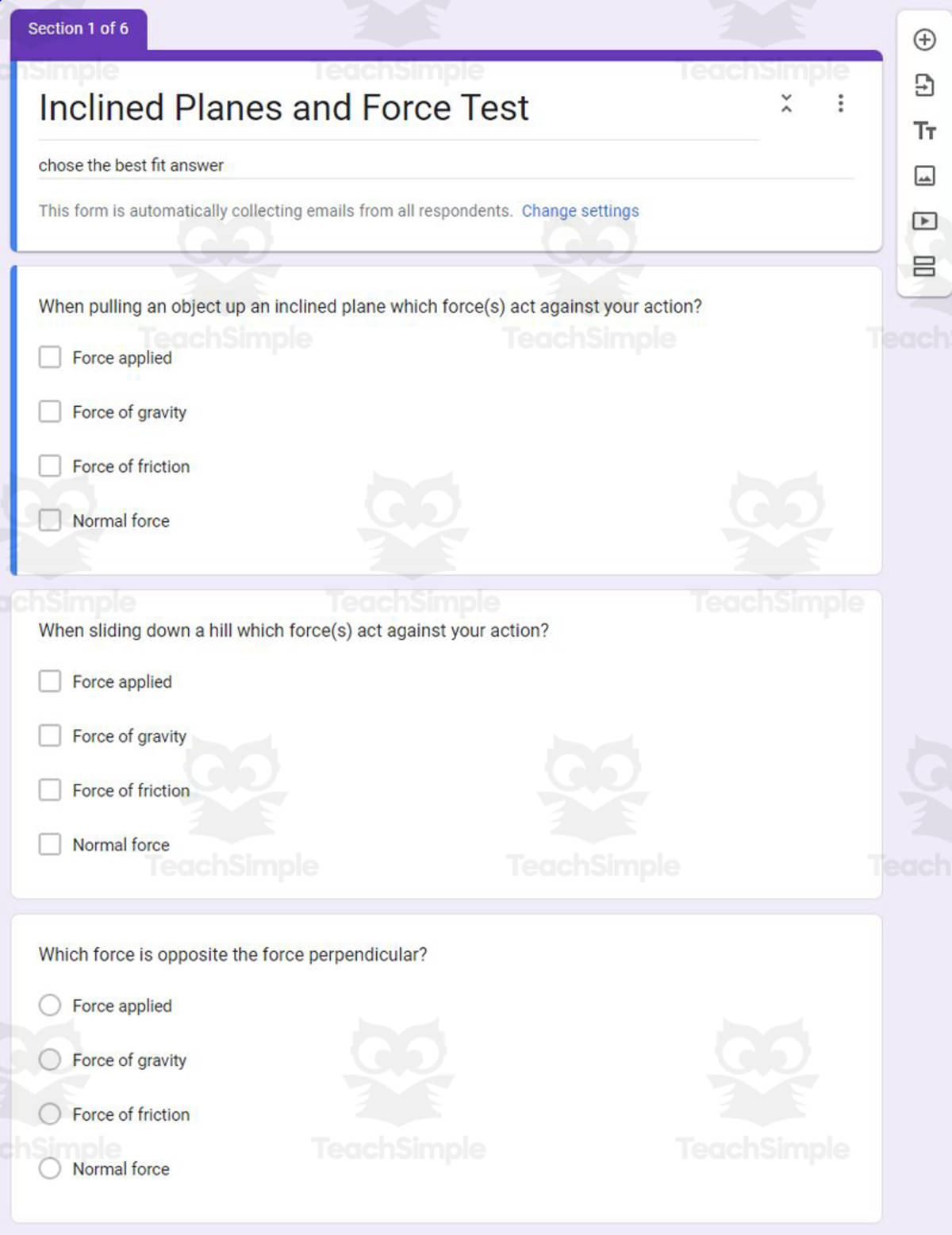 An educational teaching resource from Schrim's Chem entitled Physics Google Form Test: Inclined Planes and Force downloadable at Teach Simple.