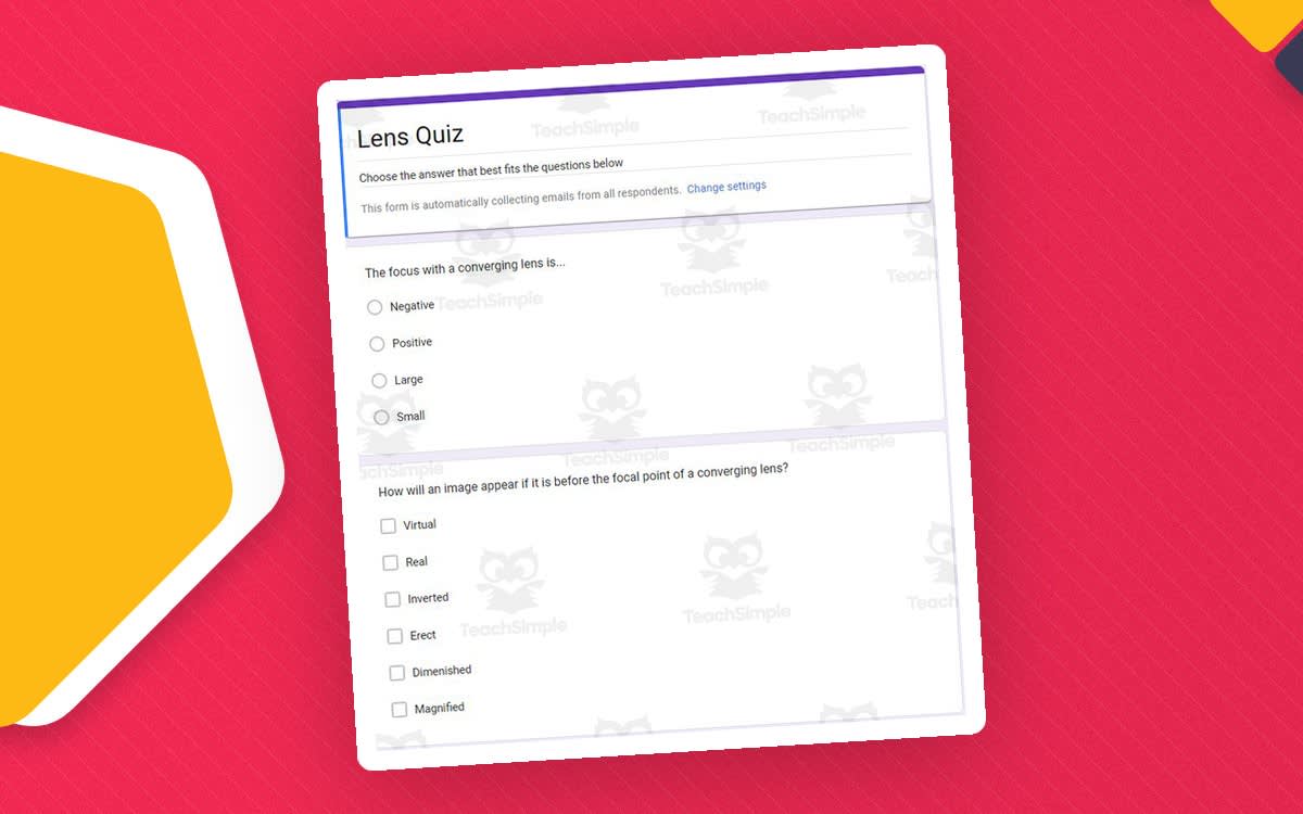 An educational teaching resource from Schrim's Chem entitled Physics Google Form Test: Lens downloadable at Teach Simple.