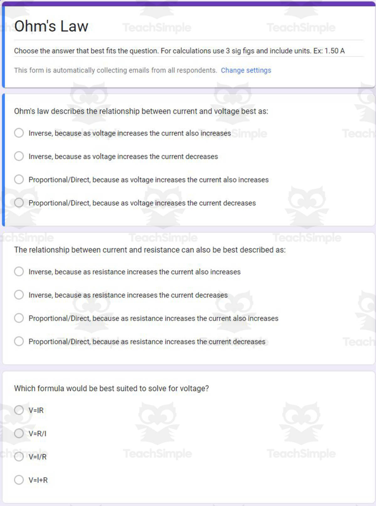 An educational teaching resource from Schrim's Chem entitled Physics Google Form Test: Ohm's Law downloadable at Teach Simple.