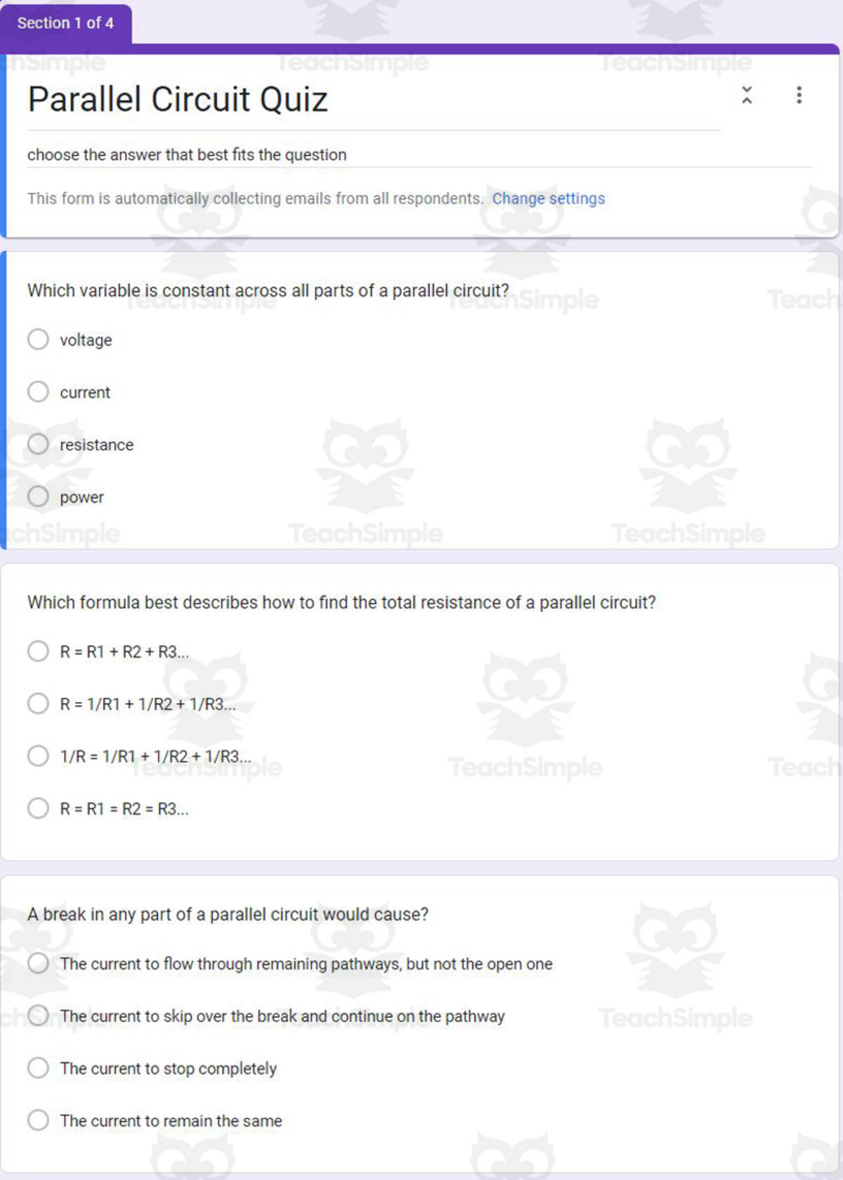 An educational teaching resource from Schrim's Chem entitled Physics Google Form Test: Parallel Circuit downloadable at Teach Simple.