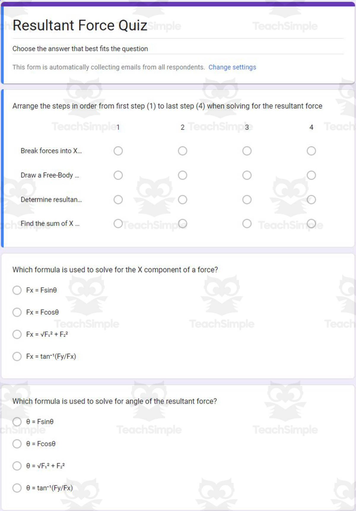 An educational teaching resource from Schrim's Chem entitled Physics Google Form Test: Resultant Force downloadable at Teach Simple.