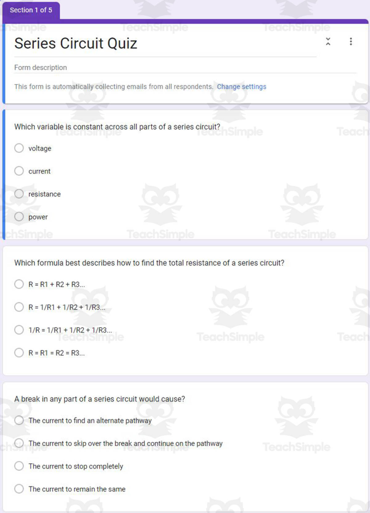 An educational teaching resource from Schrim's Chem entitled Physics Google Form Test: Series Circuits downloadable at Teach Simple.