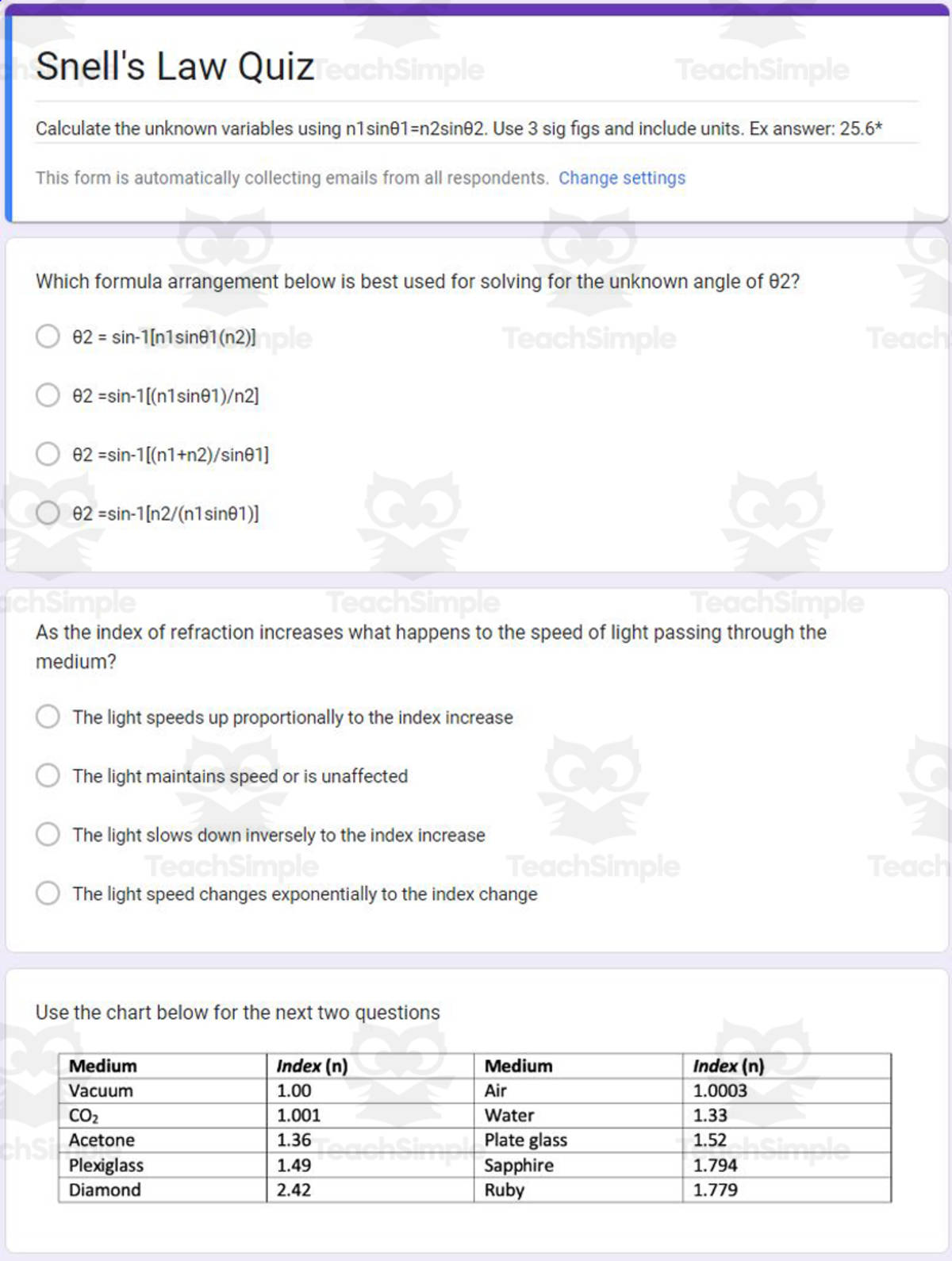 An educational teaching resource from Schrim's Chem entitled Physics Google Form Test: Snell's Law downloadable at Teach Simple.