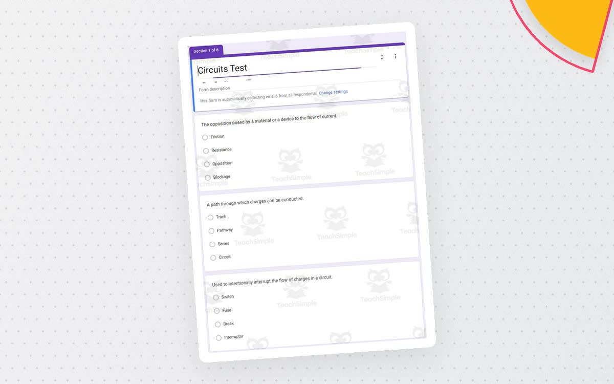 An educational teaching resource from Schrim's Chem entitled Physics Google Form Test:Circuits downloadable at Teach Simple.