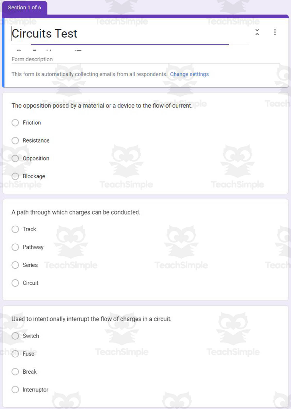 An educational teaching resource from Schrim's Chem entitled Physics Google Form Test:Circuits downloadable at Teach Simple.