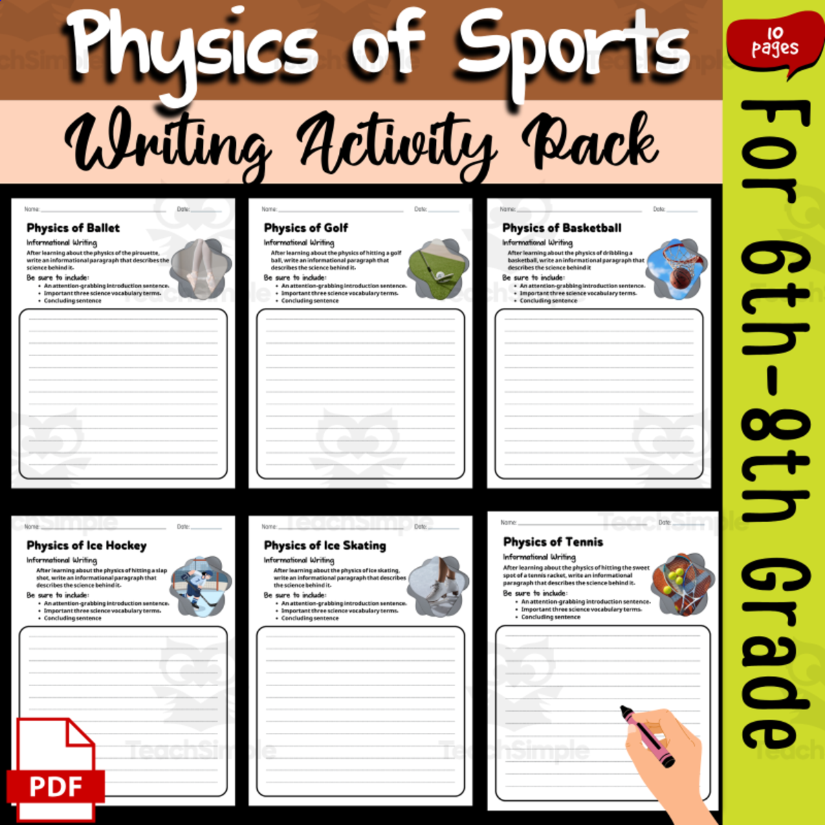 An educational teaching resource from Sadigitalart entitled Physics of Sports Writing Activity Pack for 6th-8th Grade Science ELA downloadable at Teach Simple.