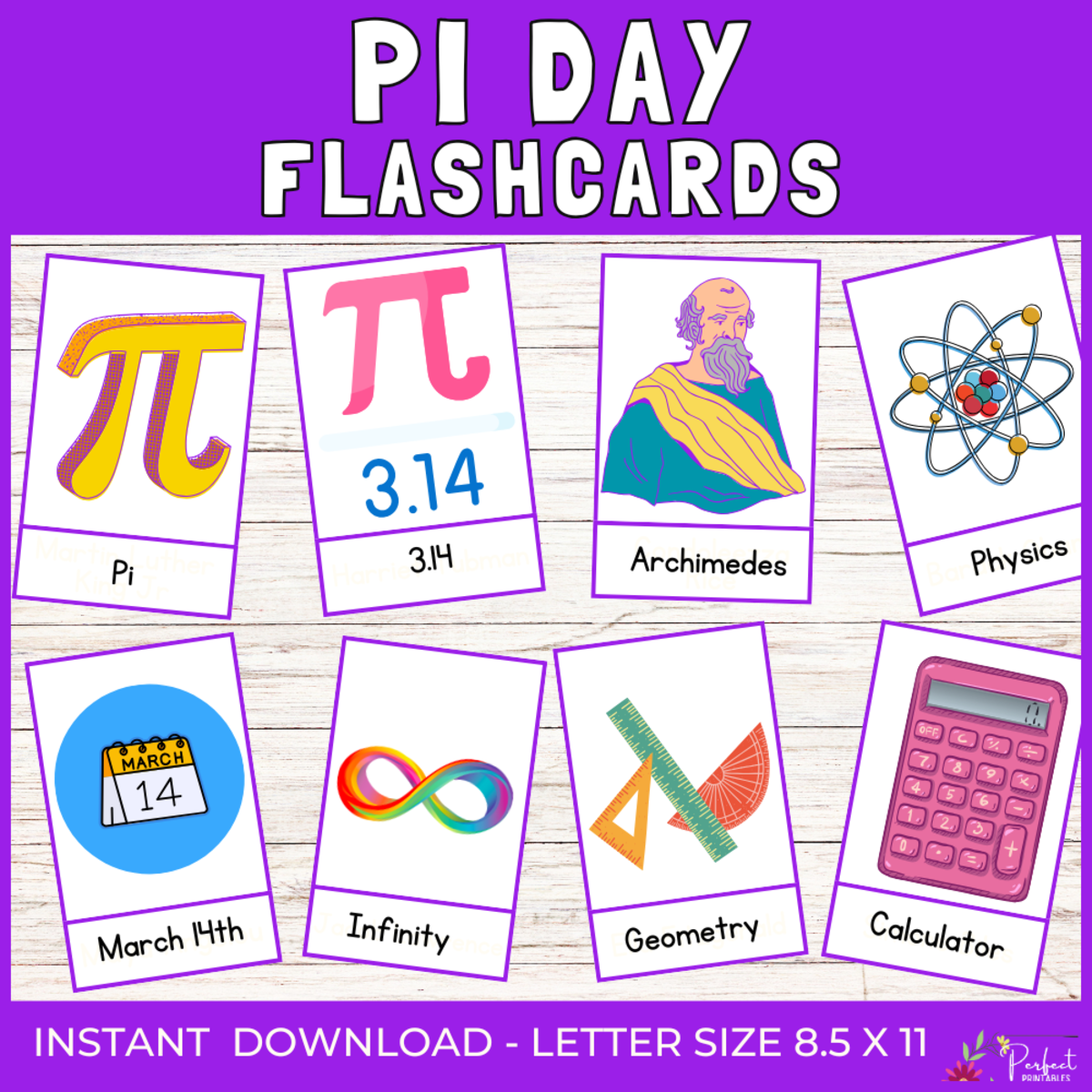 An educational teaching resource from Perfect_Printables entitled Pi Day Montessori Flashcards | A Fun Pi Day Vocabulary Cards For Kids downloadable at Teach Simple.