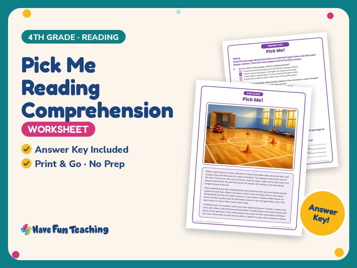 Pick Me Reading Comprehension Worksheet – 4th Grade Practice preview