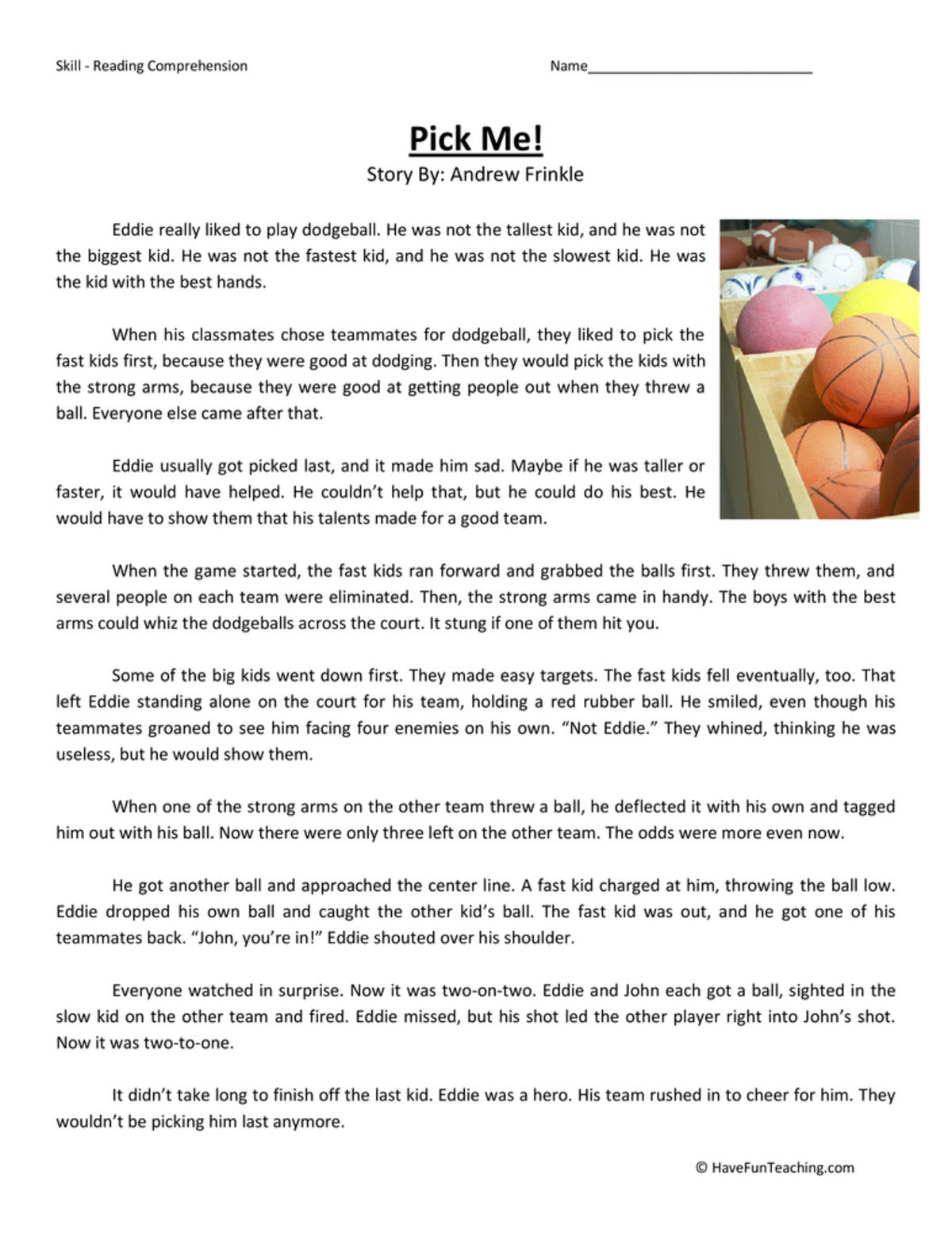 An educational teaching resource from Have Fun Teaching entitled Pick Me Reading Comprehension Worksheet downloadable at Teach Simple.