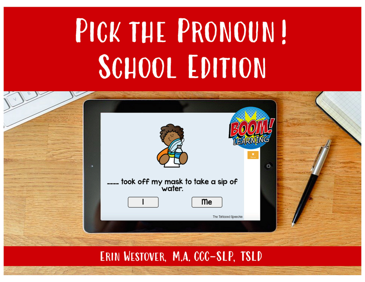 An educational teaching resource from The Tattooed Speechie entitled Pick the Pronoun! School Edition - BOOM Cards downloadable at Teach Simple.