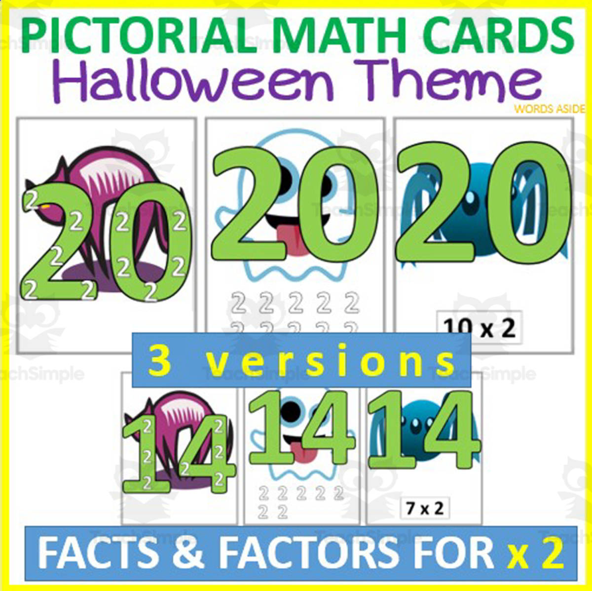 An educational teaching resource from WORDS ASIDE entitled Pictorial Math Multiplication Flashcards | HALLOWEEN x2 downloadable at Teach Simple.