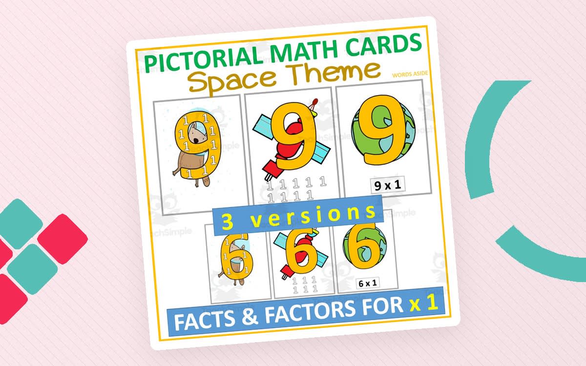 An educational teaching resource from WORDS ASIDE entitled Pictorial Math Multiplication Flashcards | SPACE x1 downloadable at Teach Simple.