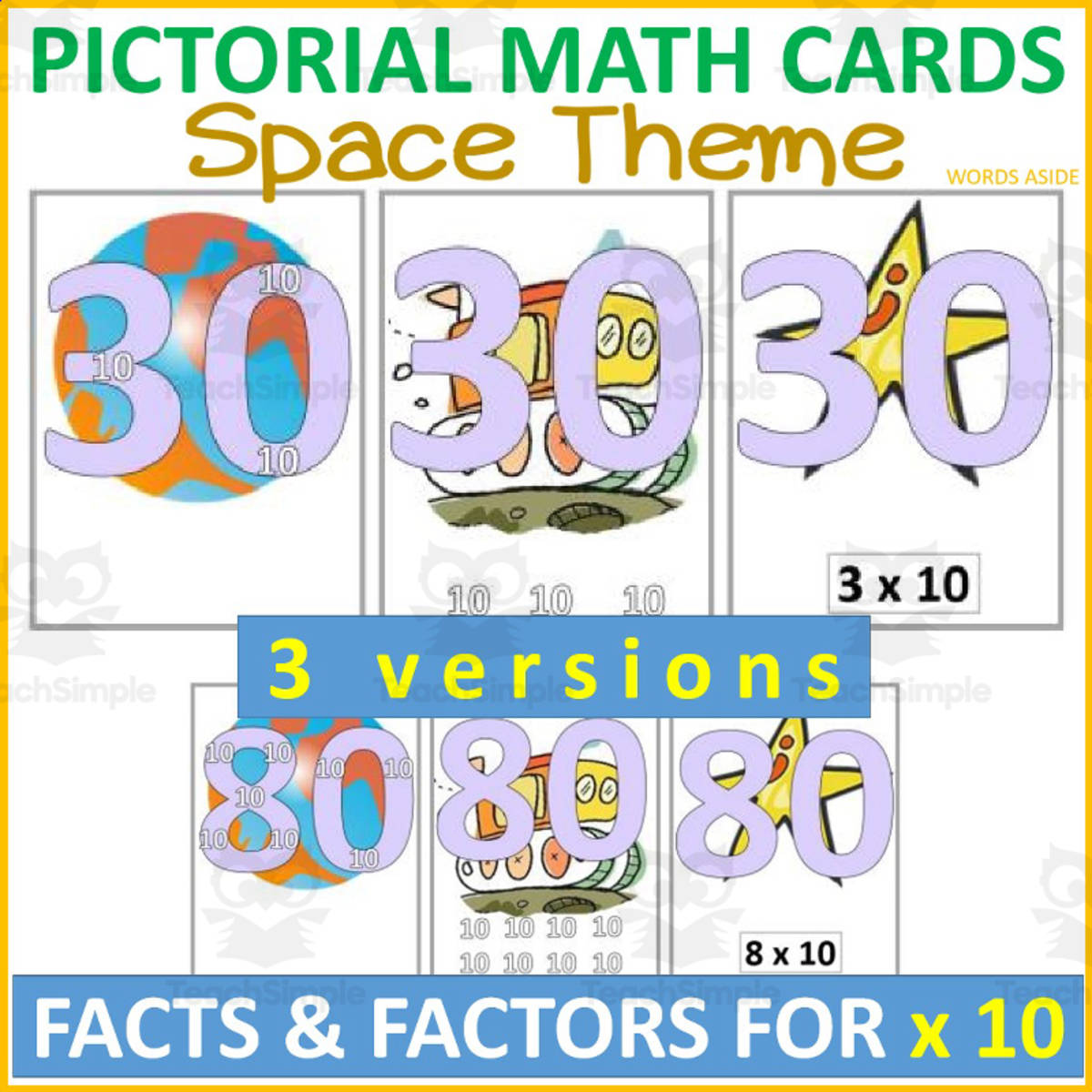 An educational teaching resource from WORDS ASIDE entitled Pictorial Math Multiplication Flashcards | SPACE x10 downloadable at Teach Simple.