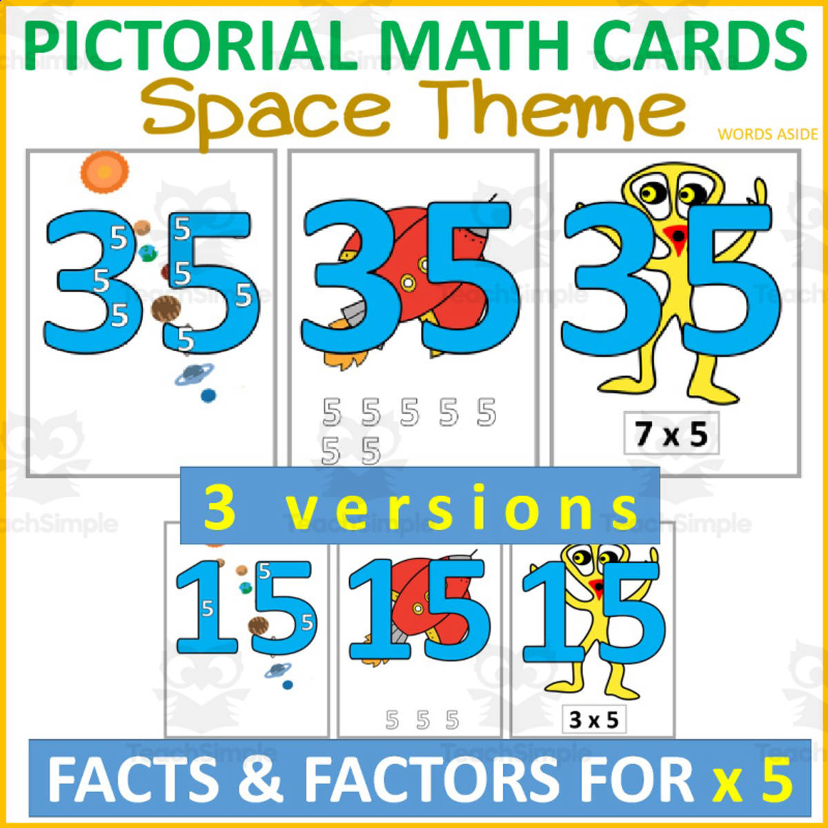 An educational teaching resource from WORDS ASIDE entitled Pictorial Math Multiplication Flashcards | SPACE x5 downloadable at Teach Simple.