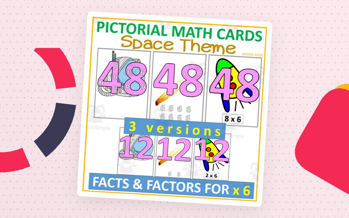 An educational teaching resource from WORDS ASIDE entitled Pictorial Math Multiplication Flashcards | SPACE x6 downloadable at Teach Simple.