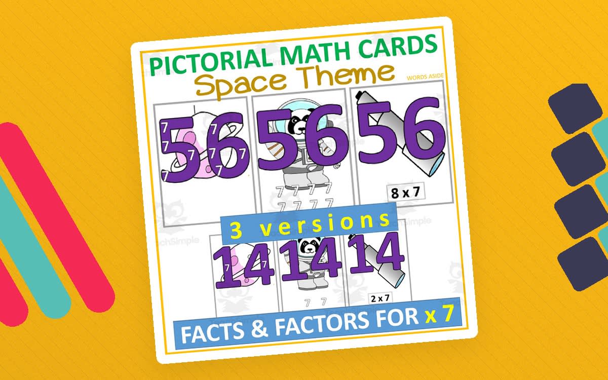 An educational teaching resource from WORDS ASIDE entitled Pictorial Math Multiplication Flashcards | SPACE x7 downloadable at Teach Simple.