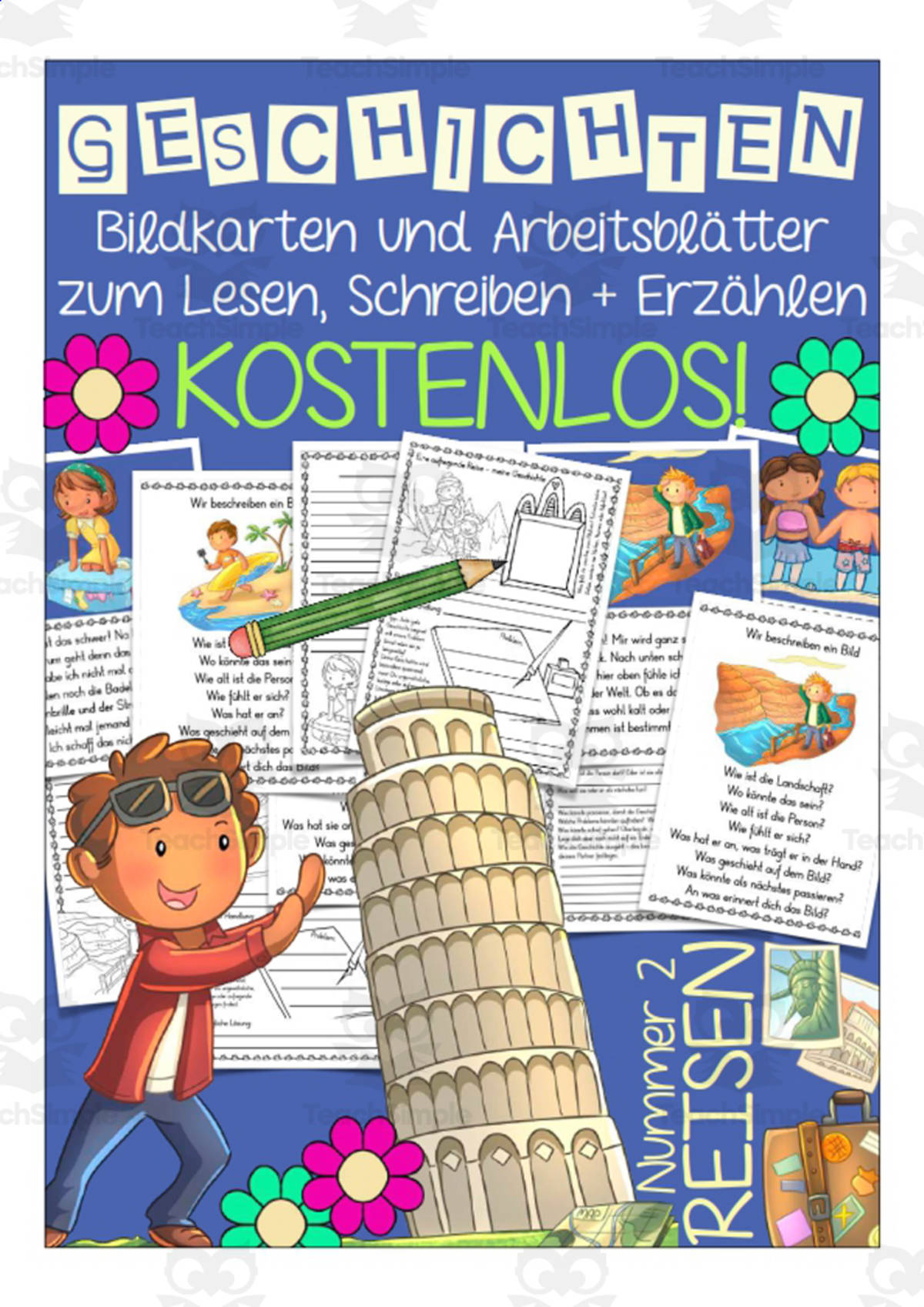 An educational teaching resource from Better Teaching Resources entitled Picture cards & Worksheets about Travel Stories (German Version) downloadable at Teach Simple.