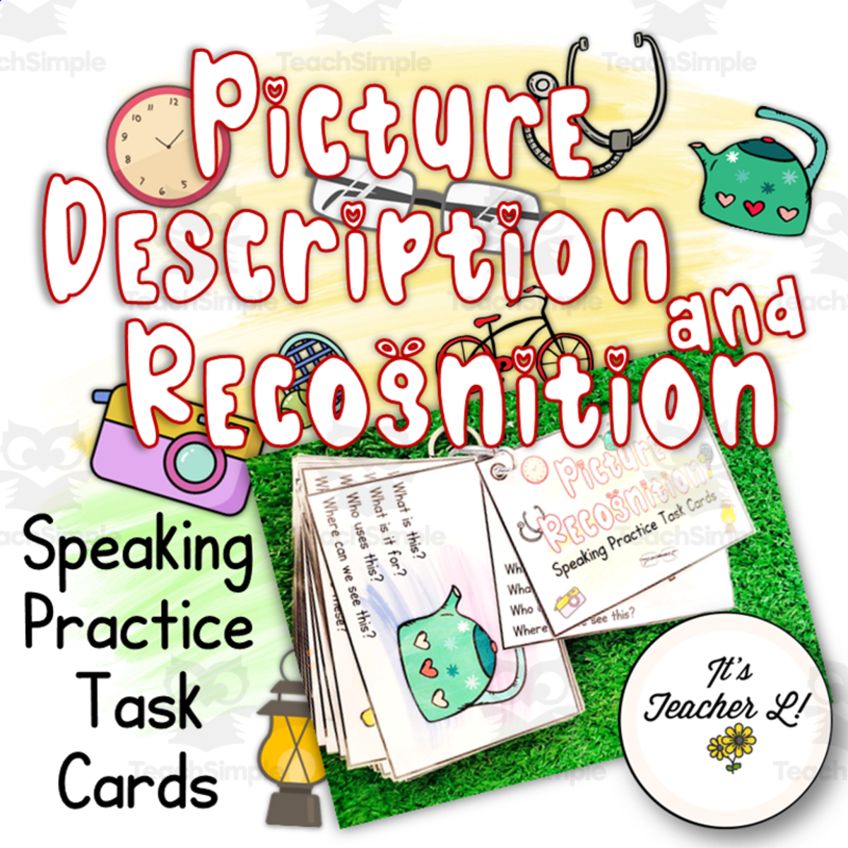 An educational teaching resource from It's Teacher L entitled Picture Description and Recognition Speaking Task Card downloadable at Teach Simple.