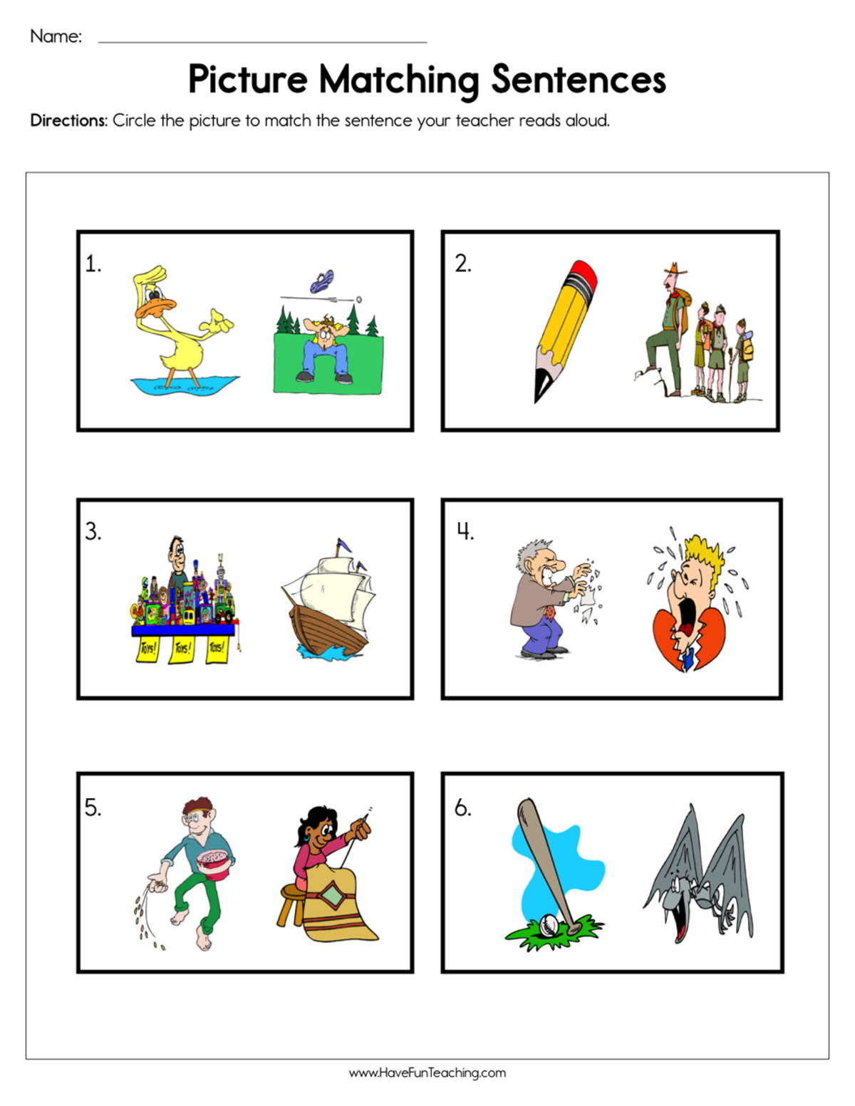 An educational teaching resource from Have Fun Teaching entitled Picture Matching Sentences Worksheet downloadable at Teach Simple.