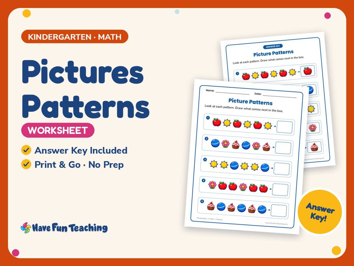 Pictures Patterns Worksheet – Kindergarten Math Practice + Answer Key preview