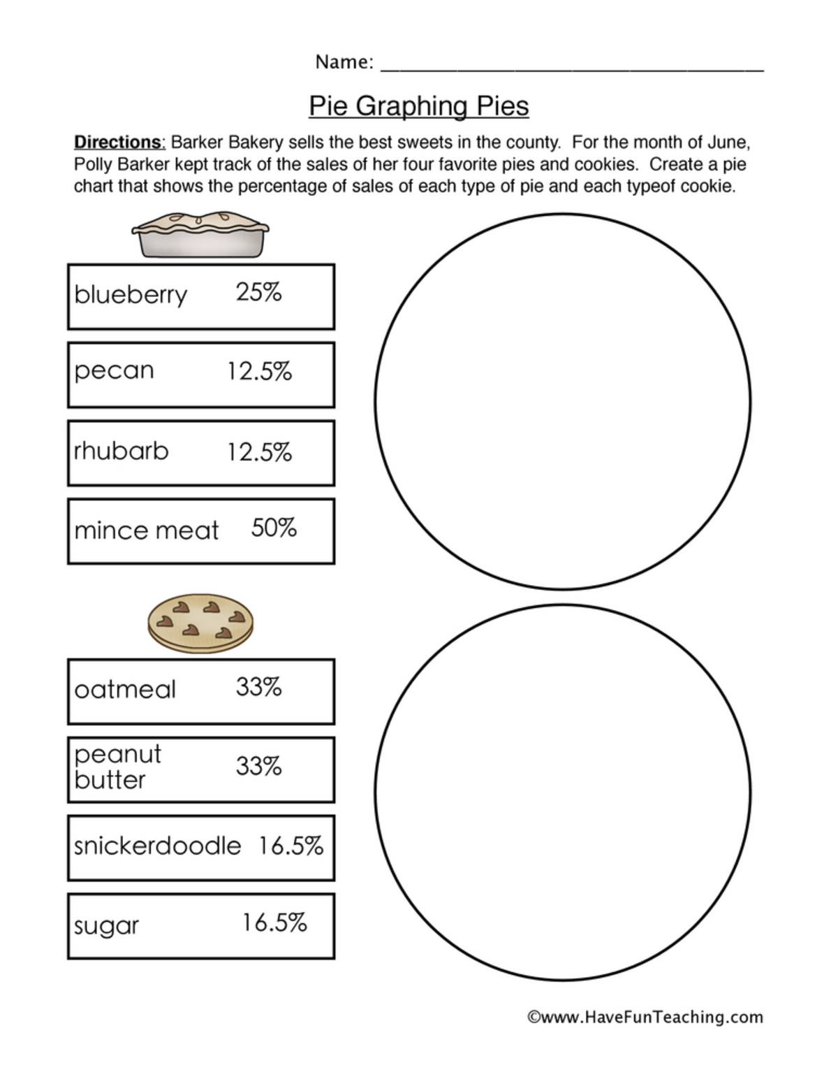 An educational teaching resource from Have Fun Teaching entitled Pie Graphing Pies Worksheet downloadable at Teach Simple.