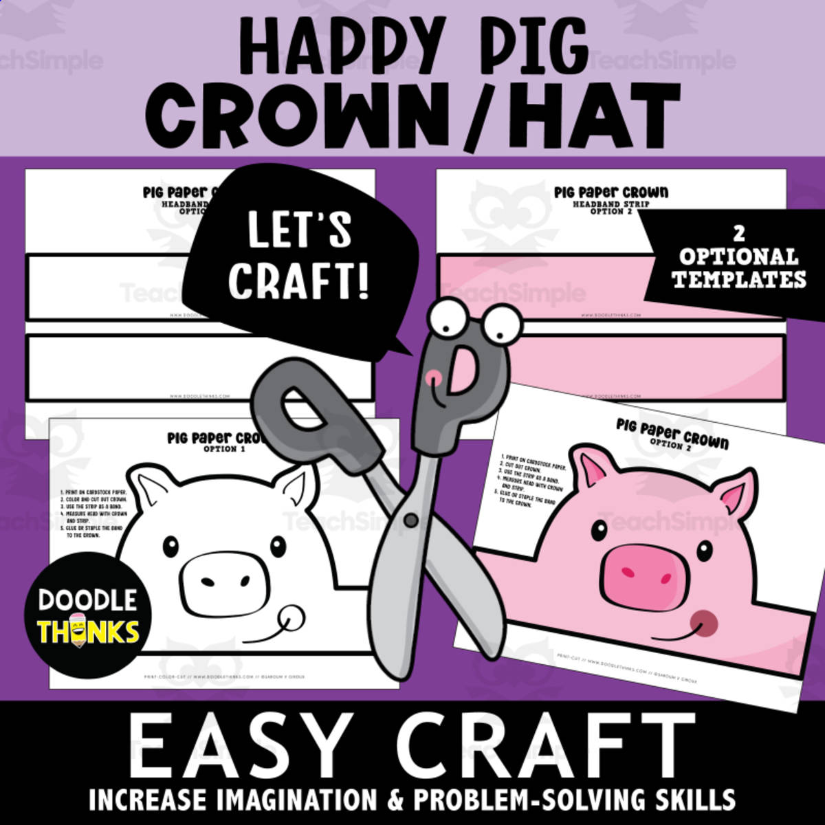 An educational teaching resource from Doodle Thinks entitled Pig Crown or Hat Easy Paper Craft Art Project downloadable at Teach Simple.