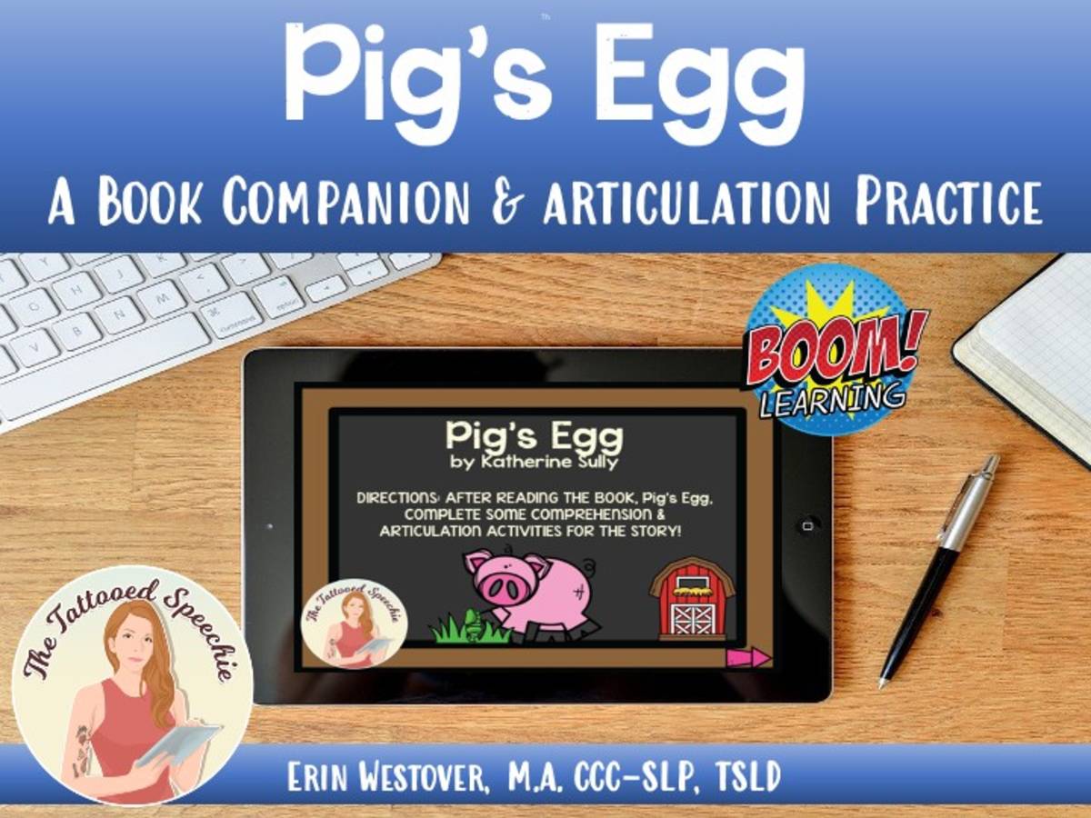 An educational teaching resource from The Tattooed Speechie entitled Pig's Egg Book Companion & Articulation Drill - BOOM Cards downloadable at Teach Simple.