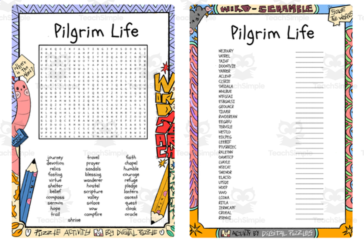An educational teaching resource from Lapiiin Art Activities entitled Pilgrim Life word search & scramble downloadable at Teach Simple.