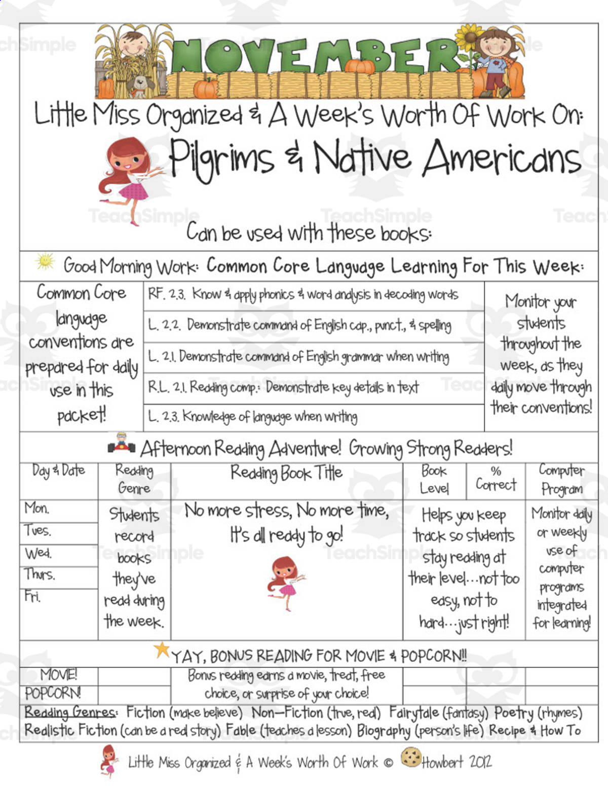 An educational teaching resource from Second Grade Smartypants entitled Pilgrims & Native Americans | Reading Activity Packet downloadable at Teach Simple.