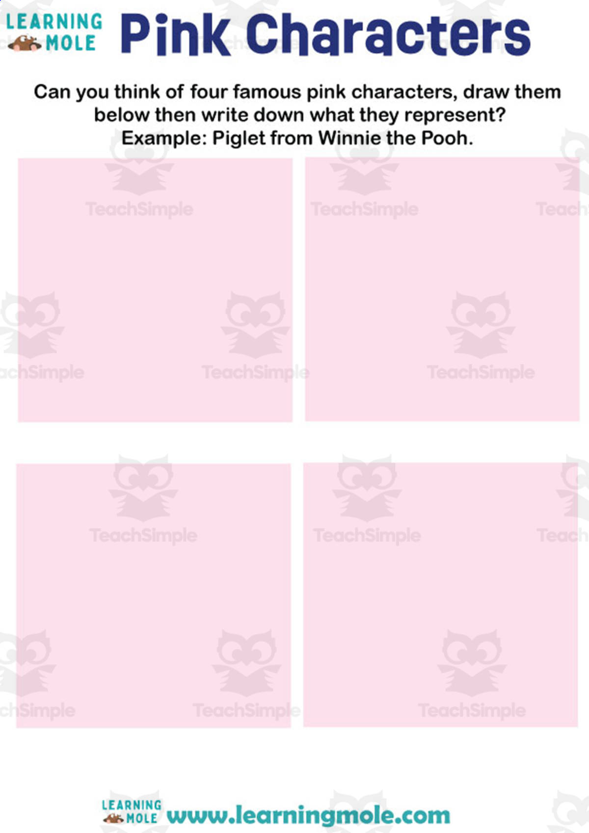 An educational teaching resource from Educational Voice entitled Pink Characters Activity downloadable at Teach Simple.