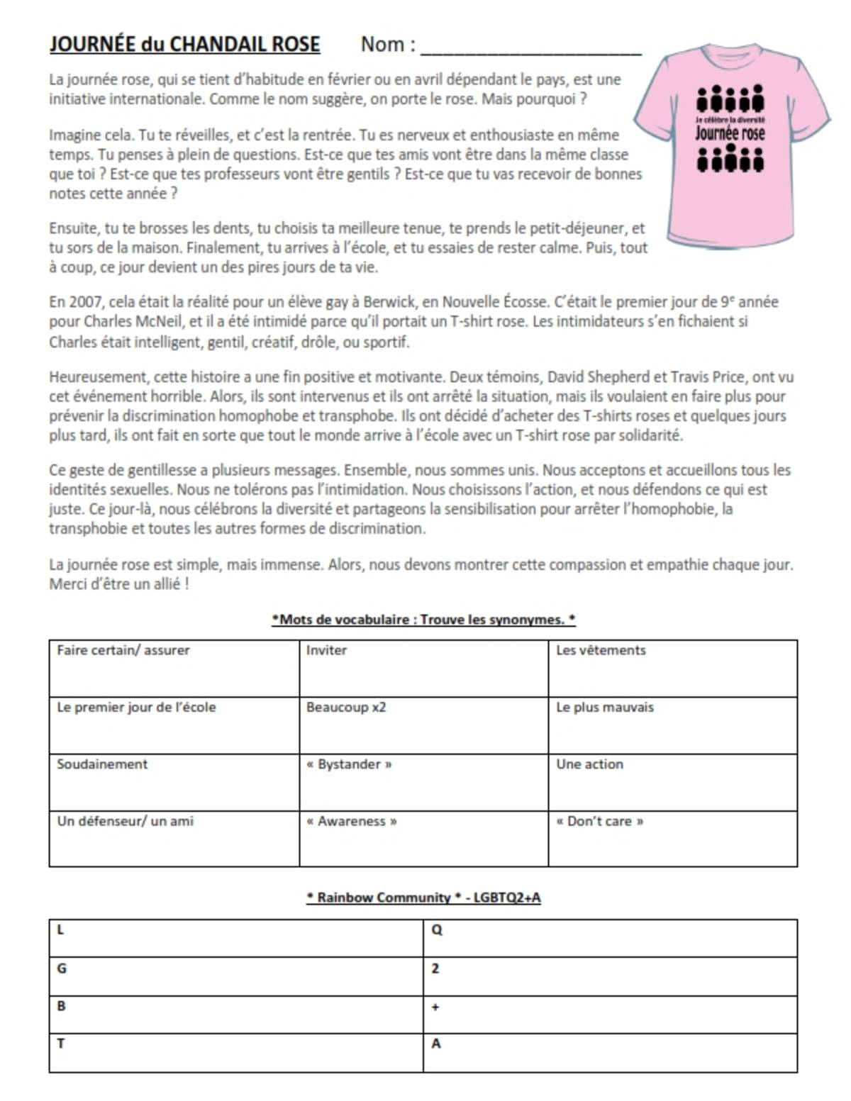 An educational teaching resource from Brave Education entitled Pink Shirt Day Reading & Comprehension Unit ( French Version ) downloadable at Teach Simple.