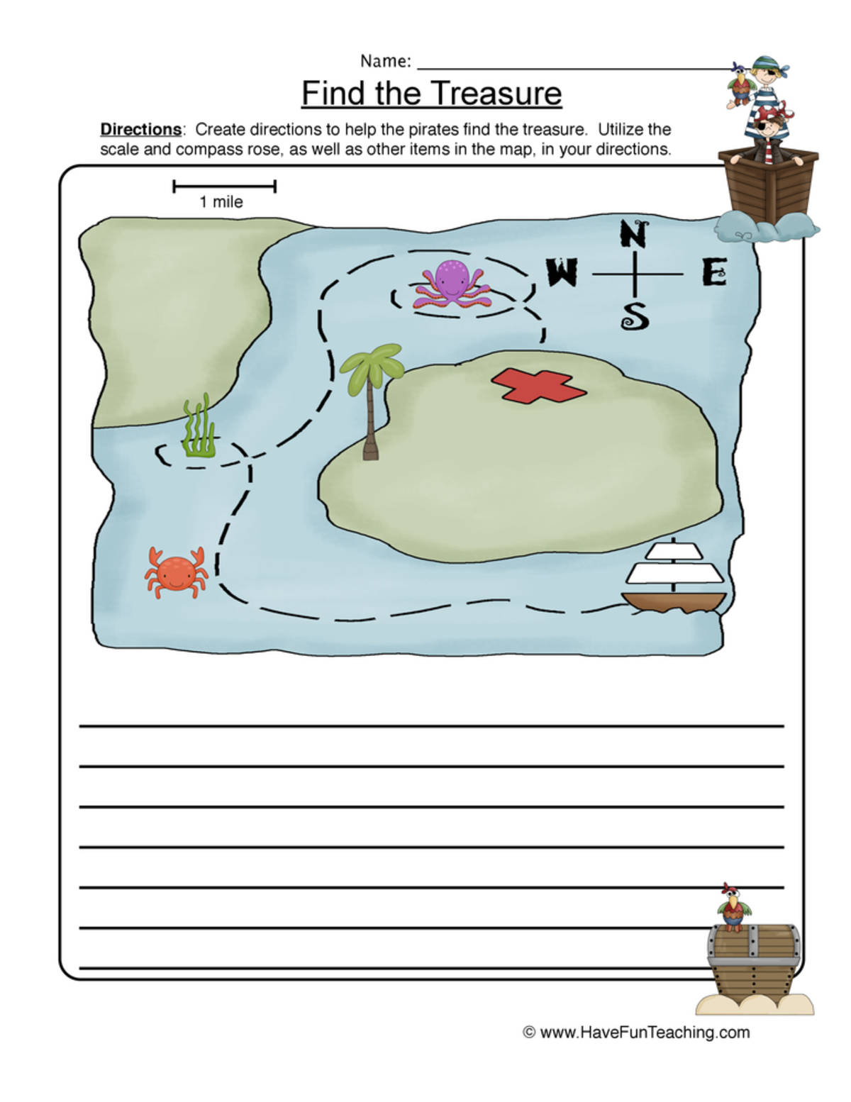 An educational teaching resource from Have Fun Teaching entitled Pirate Map Skills Worksheet downloadable at Teach Simple.