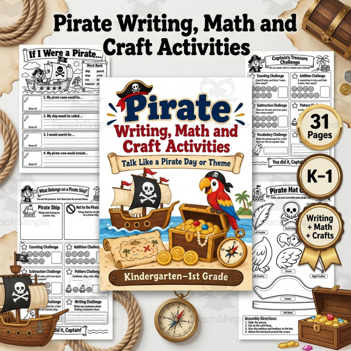 An educational teaching resource from TeachTrend Studio entitled Pirate Writing, Math & Craft Activities | Talk Like a Pirate Day downloadable at Teach Simple.