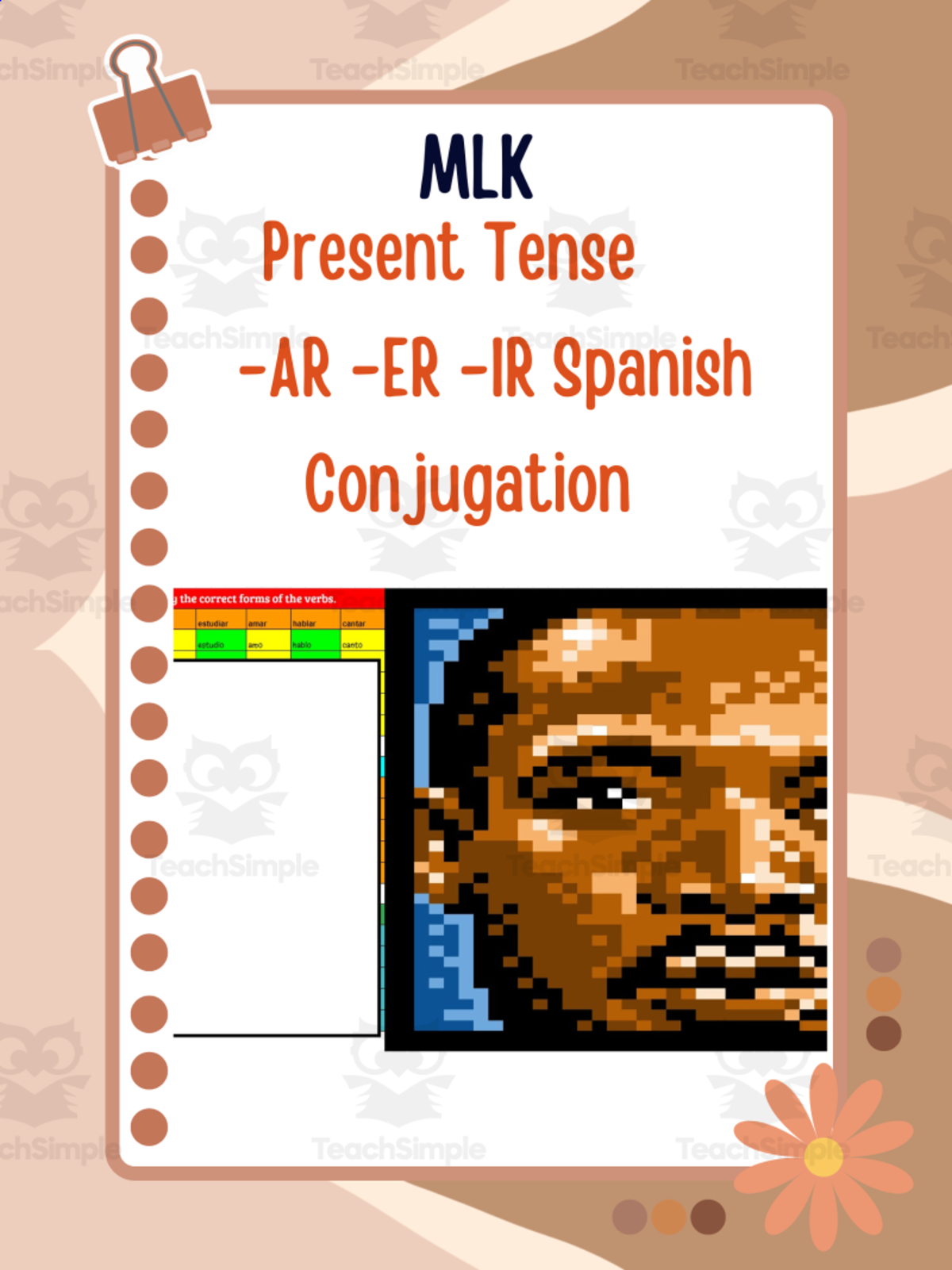 An educational teaching resource from Mi Clase Divertida entitled Pixel Art: Present Tense -AR -ER -IR Conjugations downloadable at Teach Simple.