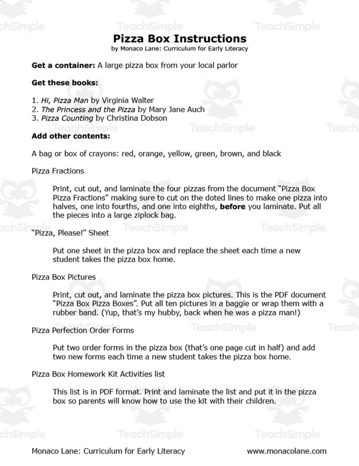 An educational teaching resource from Monaco Lane Curriculum for Early Literacy entitled Pizza Box Homework Kit downloadable at Teach Simple.