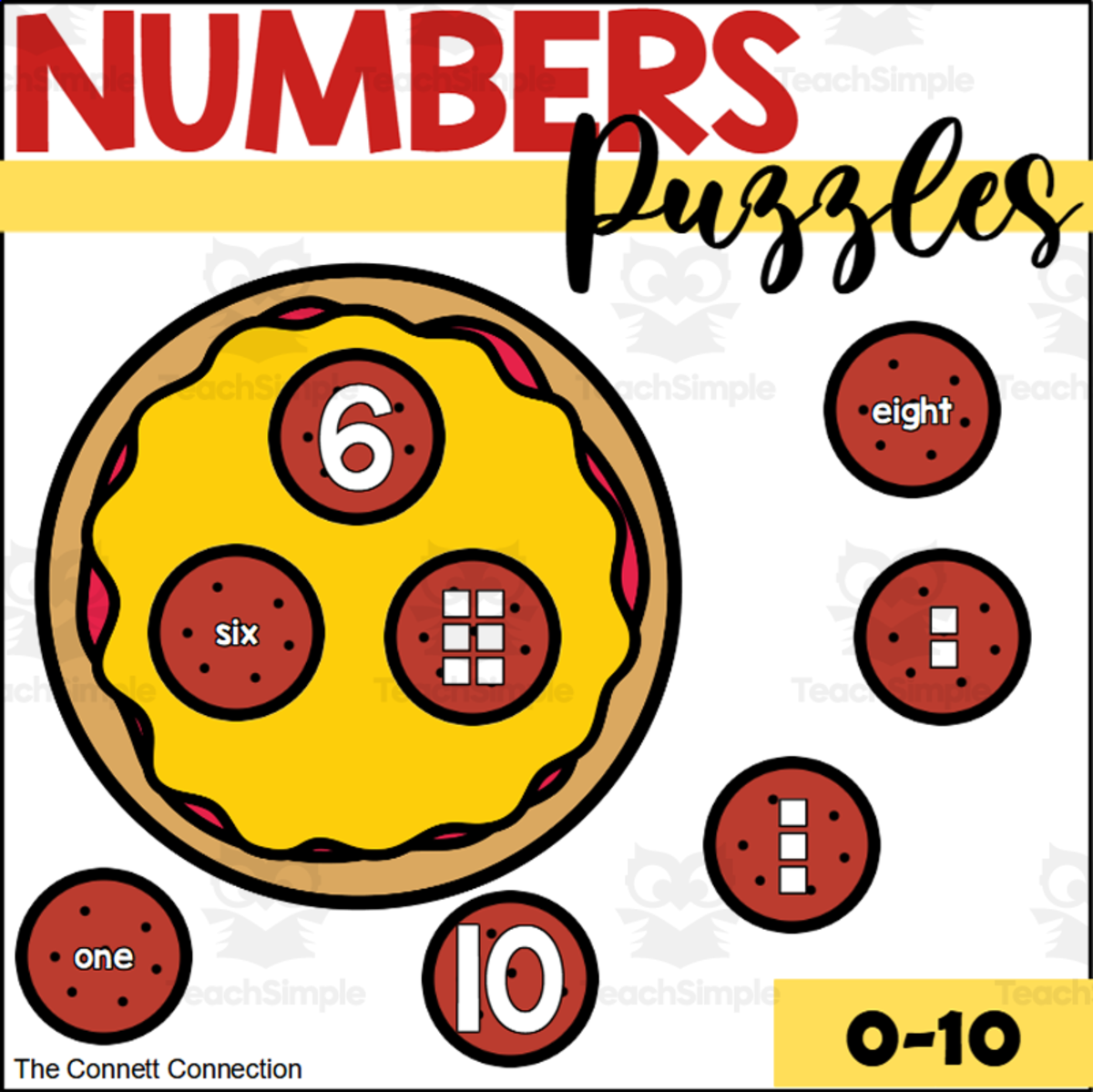 An educational teaching resource from The Connett Connection entitled Pizza Number Puzzles 1-10 downloadable at Teach Simple.
